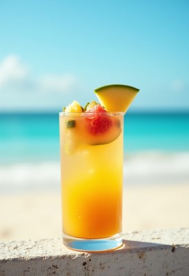 Refreshing tropical drink with beach view on a sunny day