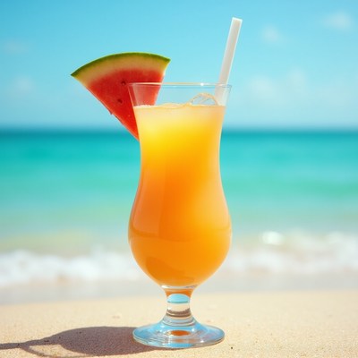 Refreshing tropical drink on sandy beach at daytime