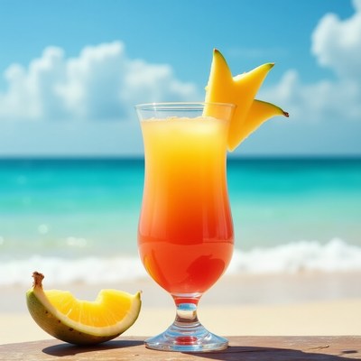 Tropical drink served on a beach during sunny weather