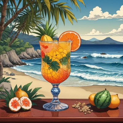Creative tropical cocktail on a beachside table