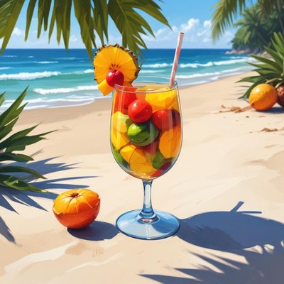 Refreshing fruit cocktail beside the beach on a sunny day