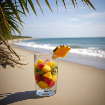 Tropical fruit cup on a sunny beach under palm trees