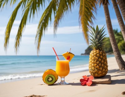 Refreshing tropical drink on the beach with fresh fruits