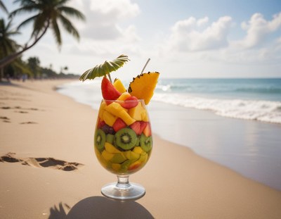 Tropical fruit cocktail on a sunny beach