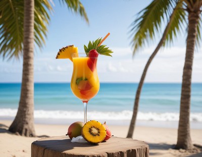 Refreshing tropical drink on a beach during sunny day
