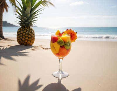 Tropical fruit cocktail served on sandy beach during daytime