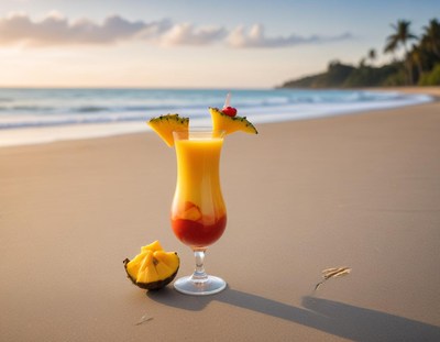 Tropical cocktail on a serene beach during sunset