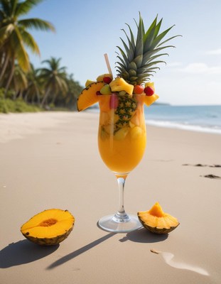 Tropical fruit drink on the beach with palm trees