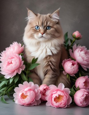 Feline charm surrounded by peony flowers in soft light