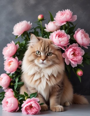 Cat surrounded by peonies in a floral arrangement
