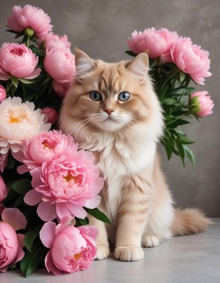 Cat surrounded by beautiful pink peonies in springtime