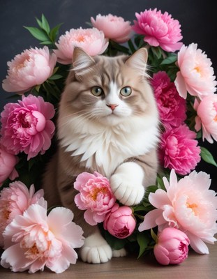 Cat surrounded by pink peonies in a floral arrangement