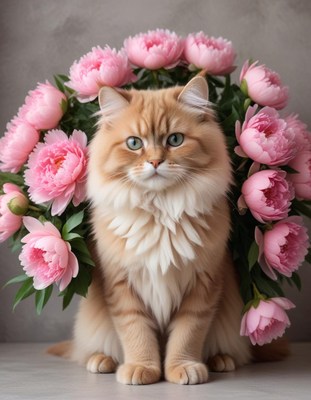 Fluffy ginger cat surrounded by vibrant pink flowers