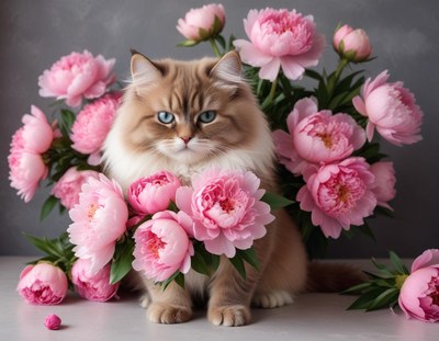 Fluffy cat surrounded by vibrant pink peonies in bloom
