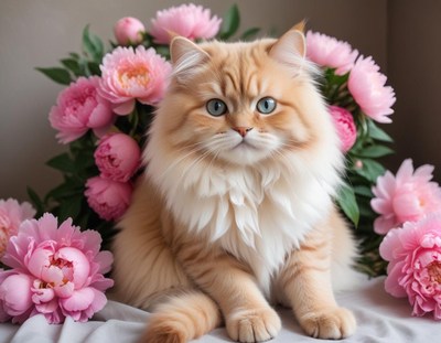Fluffy cat poses among vibrant pink peonies