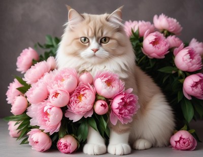 Cat surrounded by pink peonies in a soft setting