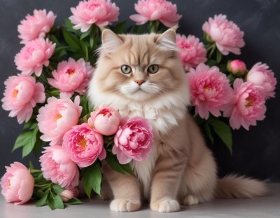 Persian cat surrounded by beautiful pink peonies