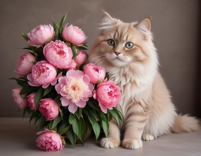 Cat beside a bouquet of pink peonies in soft light