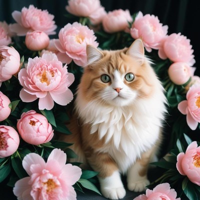 Cat among peonies in a floral setting