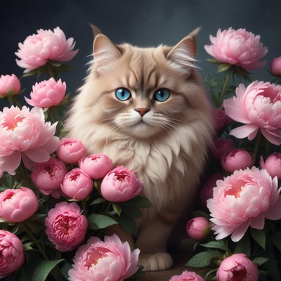 Beautiful cat surrounded by pink peonies in a garden