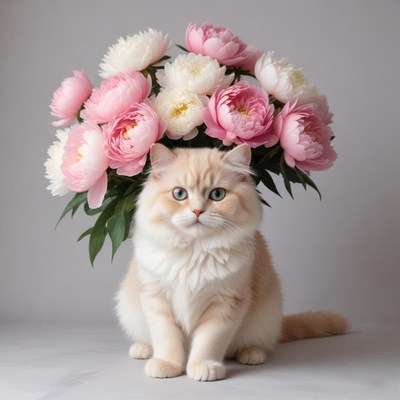 Cat sitting elegantly with a bouquet of peonies on display