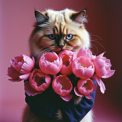 Cat holds pink flowers with striking blue eyes