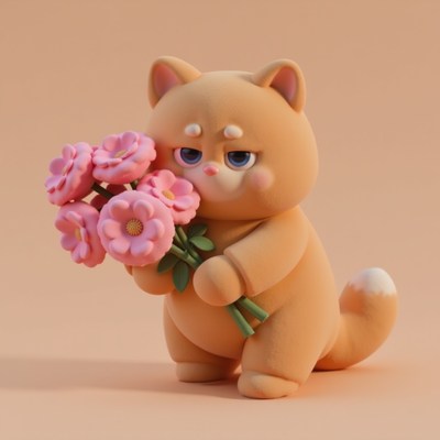 Cute character holding pink flowers in a warm setting