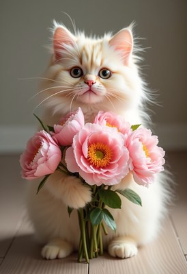 Fluffy cat holding pink peonies in cozy indoor setting