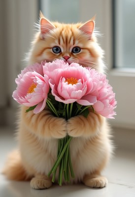 Cat holding a bouquet of pink flowers in a bright room