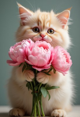 Cute cat holds pink peonies in a cozy setting