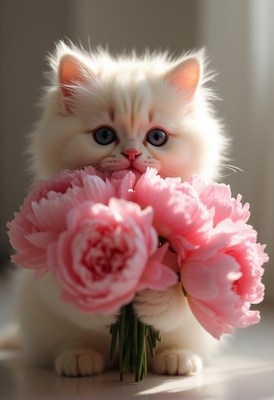 Cute kitten holds pink flowers in soft light