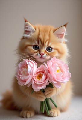 Cute cat holds pink flowers in a cozy indoor setting