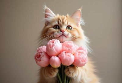 Cat holding pink tulips against a neutral background
