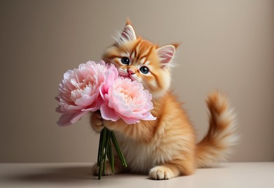 Cute kitten holds pink flowers in playful pose
