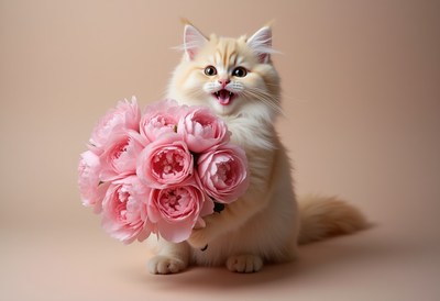 Cat holds bouquet of pink flowers in playful pose