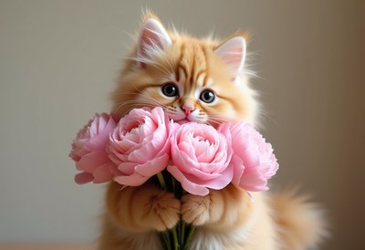 Cute kitten holding pink flowers indoors