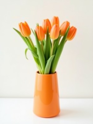 Bright orange tulips in a vibrant vase on a table