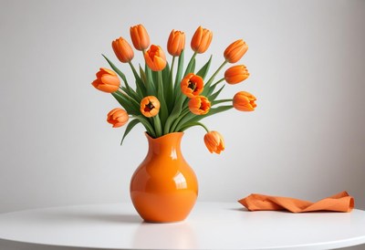 Bright orange tulips in a modern vase on a table