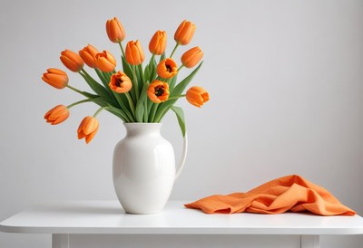Bright orange tulips in a white vase on a clean table
