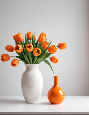 Bright orange tulips in elegant white vases on table