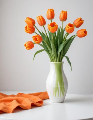 Bright orange tulips in a white vase on a table