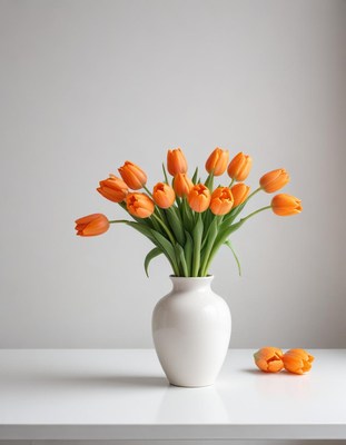 Bright orange tulips arranged in a simple white vase