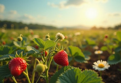 Strawberry field at sunset with blooming flowers