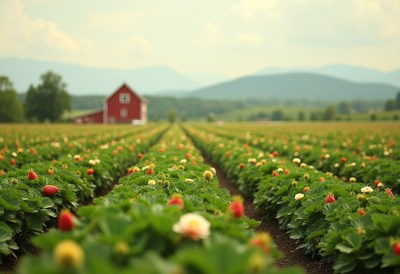Berry farm showcases vibrant strawberry field under blue sky
