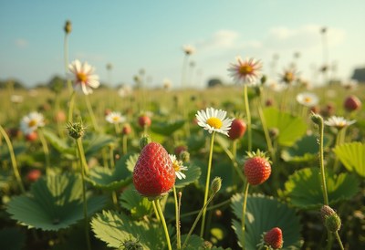 Bright strawberries and daisies in a lush field