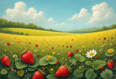 Vibrant strawberry field under a bright blue sky