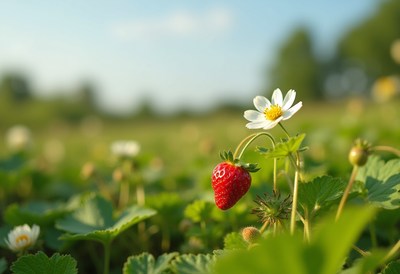 Fresh strawberry and flower bloom in early summer garden