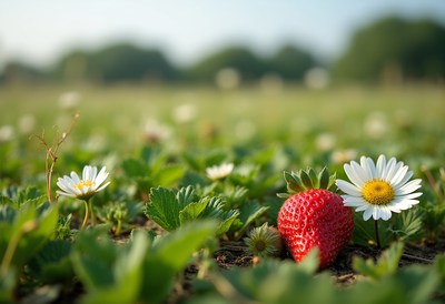 Fresh strawberry among daisies in a green field