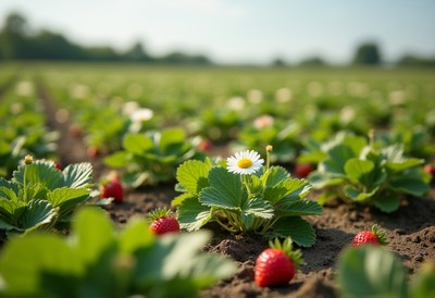 Strawberry field with blooming flowers in warm sunlight