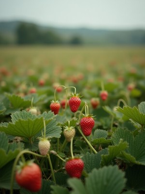 Strawberry field ready for harvest in early afternoon light